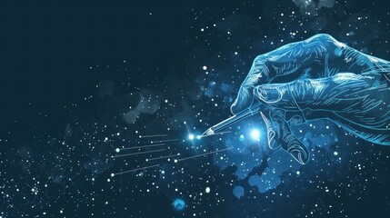 Naklejka premium Abstract image of a hand draws a drawing in the form of a starry sky or space, consisting of points, lines, and shapes in the form of planets, stars and the universe. AI generated