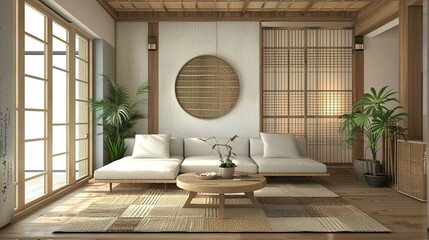 A Japandi-styled living room accentuates simplicity, natural components, and minimalistic design within its interior.