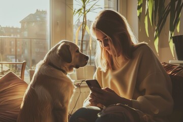 Woman resting with dog in cozy room - 788336341