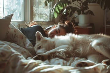 Woman resting with dog in cozy room