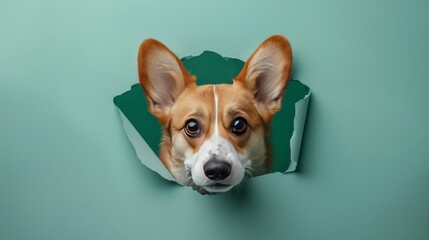 Corgi dig peeks out through hole in the paper - 788336563