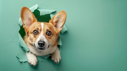 Corgi dig peeks out through hole in the paper