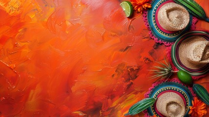 Tropical Cinco de Mayo Celebration Background with Fruit and Flowers