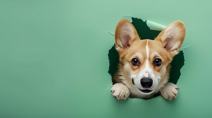 Corgi dig peeks out through hole in the paper