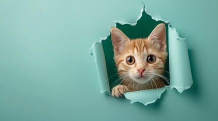 Kitten peeks out through hole in the paper - 788336758