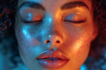 Close-up face of young attractive woman, neon colors, closed eyes, mixed race person