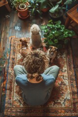 Woman practicing yoga with puppies - 788336789