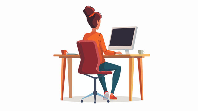 Woman with hunched background sitting at computer desk. Per