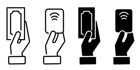 Set of filled and outline icons of payment methods. Credit card processing, hand holding debit-credit card and cash and receipt.
