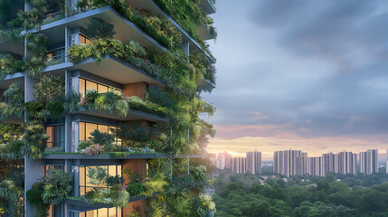 Modern sustainable glass residential building with a lush green vertical garden