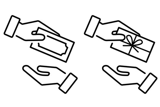 Giving money and gift card icon. Payment illustration symbol. Sign hand holding dollar, presenting the coupon.