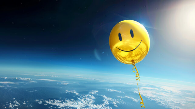 Elevated Joy: Yellow Smiley Face Balloon Soaring Above Earth's Atmosphere