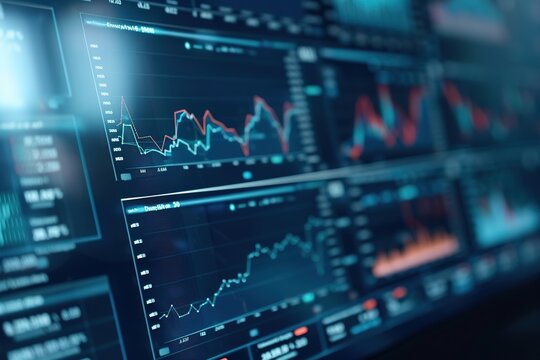 Blurred financial data charts and graphs on a digital screen.