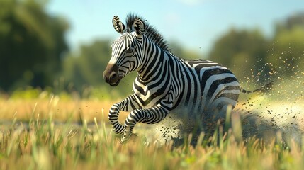 Sprinting zebra, random and photorealistic, across grasslands in natural lighting ,3DCG,high resulution