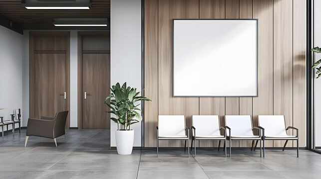 Modern office waiting room with blank white poster and wooden accents. 3D Rendering