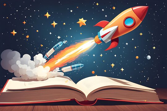  illustration of rocket starting fly from book education concept. 