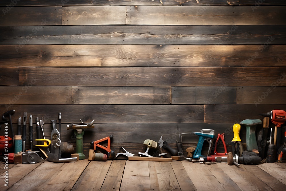 Wall mural variety of tools on wooden background. top view with copy space