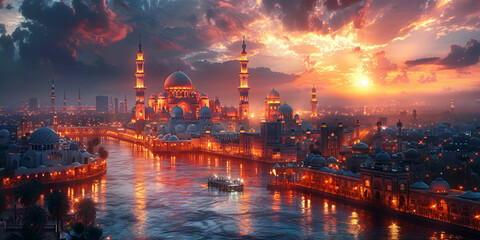 Islamic city skyline with mosque and minarets against a sunset sky.