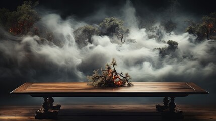 Old wooden table in the fog. - obrazy, fototapety, plakaty