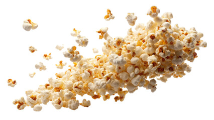 Levitating popcorn isolated in white background. Cut out popcorn