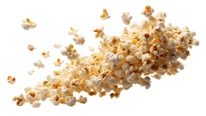 Levitating popcorn isolated in white background. Cut out popcorn