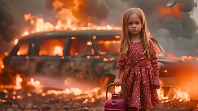 little girl holding a red gas can, devilishly smirking, standing in front of a stretch limousine in full conflagration, tires on fire, burning all over,generative  ai