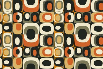 Retro geometric seamless pattern with bold shapes in orange and black tones