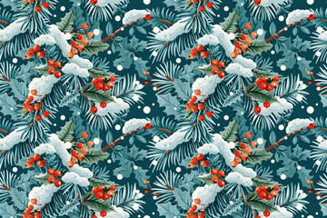 Winter seamless pattern with holly berries and pine branches on teal background