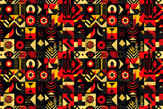 African inspired colorful pattern with geometric shapes and symbols