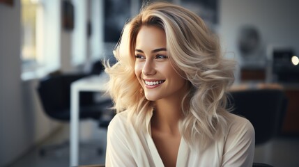 Beautiful young woman with long blond hair sitting in cafe and smiling.