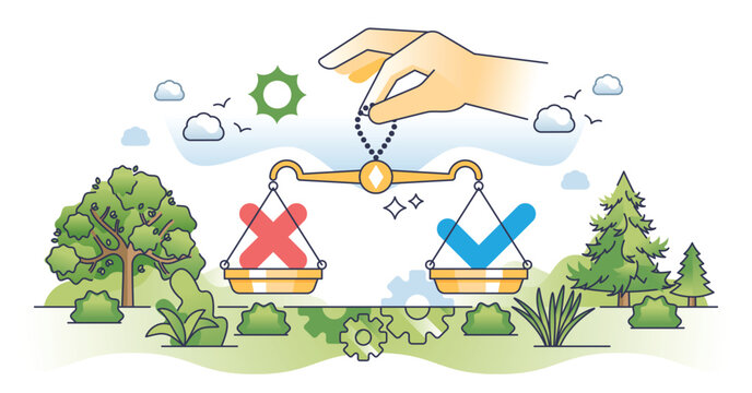 recommend clip art: Decision making process with correct and wrong options outline hands concept. Choice from possible opportunities with right and incorrect solutions vector illustration. Scales balance measurement.