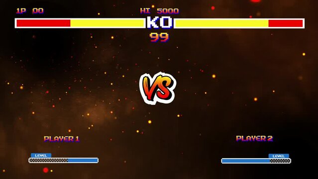 Versus Screen retro game on glitch fire background of analog tv	