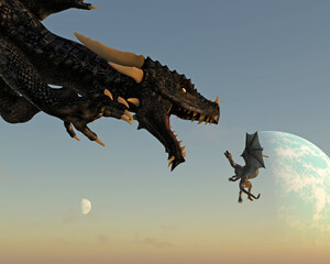 Illustration of a dragon with mouth open attacking a smaller flying dragon on an alien world.
