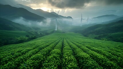 Serenity in Green: Wind Turbines amidst Lush Hills. Concept Green Energy, Renewable Resources, Sustainable Technology, Eco-Friendly Innovations, Nature Conservation - obrazy, fototapety, plakaty