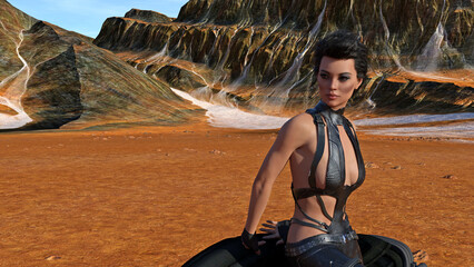 Illustration of an exotic woman leaning on a seat wearing a brief leather outfit against an alien landscape.