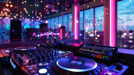 Fototapeta na wymiar Vibrant DJ Booth at Nightclub With Colorful Lights