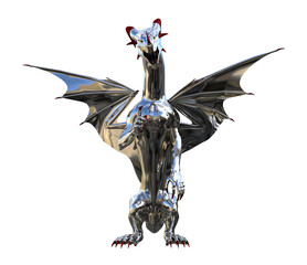 Illustration of a chrome dragon with an open mouth standing upright looking forward with one claw up isolated on a white background.
