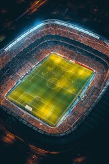 Illuminated soccer stadium from high angle at dusk