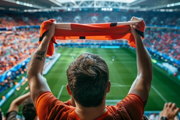 Football fan showcasing team colors in vibrant stadium