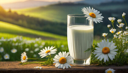 Close-up of glass of fresh milk, green grass and daisies on background. Tasty and healthy beverage.
