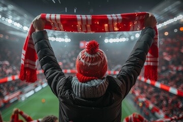 Football fan holding scarf aloft in crowded stadium