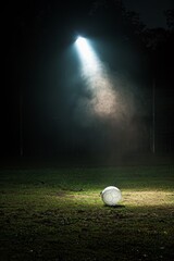 Solitary soccer ball under spotlight on field at night