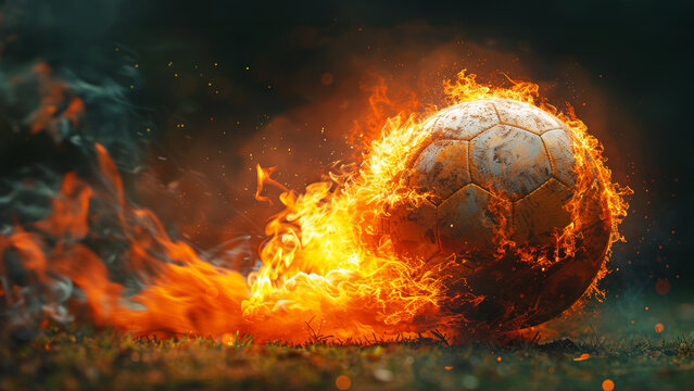 Old soccer ball engulfed in flames on grass field