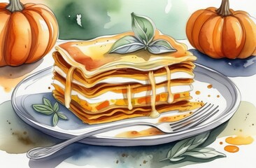 Vegetable lasagna with pumpkin, cheese and basil - 788340530