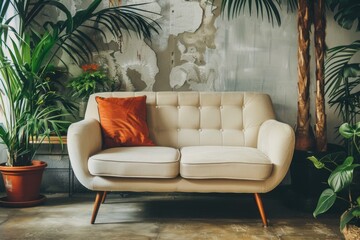 Vintage white straight-cut sofa with an orange cushion, adorned with lush tropical plants.
