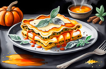 Vegetable lasagna with pumpkin, cheese and basil in watercolor style - 788340722