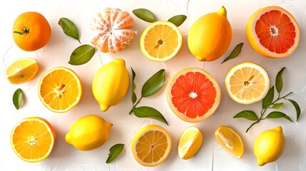Fresh Citrus Fruits Display on White Background. Variety and Natural Freshness Concept. Ideal for Healthy Lifestyle Promotion. Vivid Colors, Top View. AI - obrazy, fototapety, plakaty
