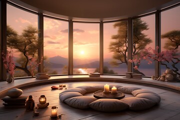 3d rendering of a modern living room with a round coffee table