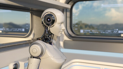 Illustration of a robot in a female form inside a room with sky and mountains in the distance through glass windows.