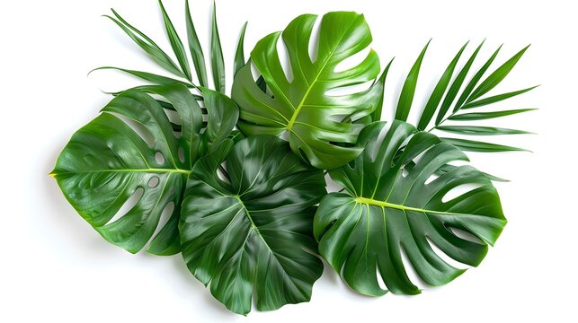 Lush Tropical Greenery, Monstera and Palm Leaves, Perfect for Nature Designs or Eco-Themed Backgrounds. Vivid Fresh Plant Foliage. AI